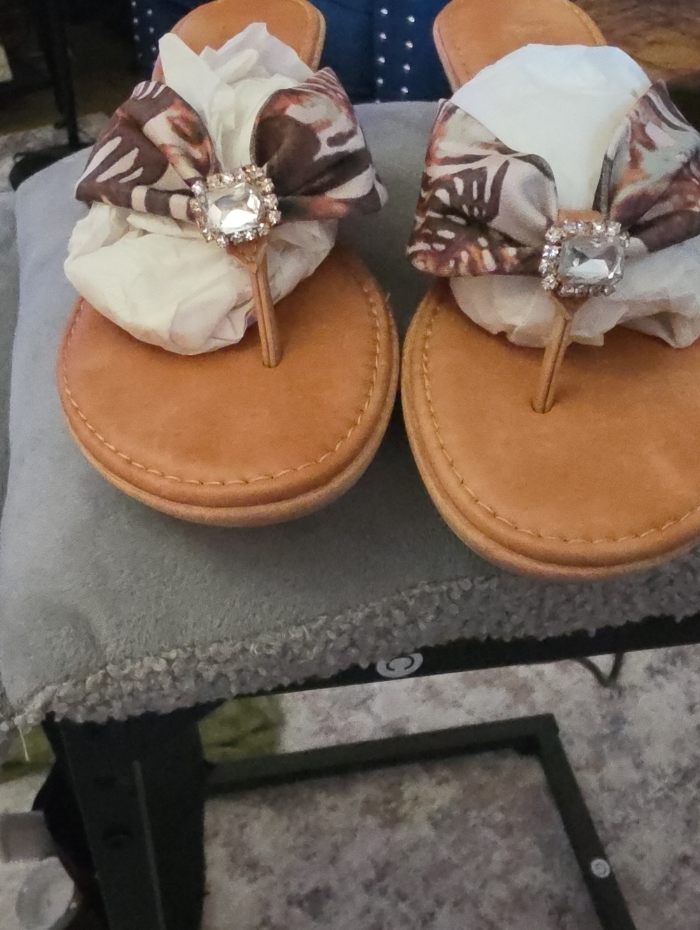 Italian Shoemakers Tan Thong Sandals with Floral Bow and Crystal Accent